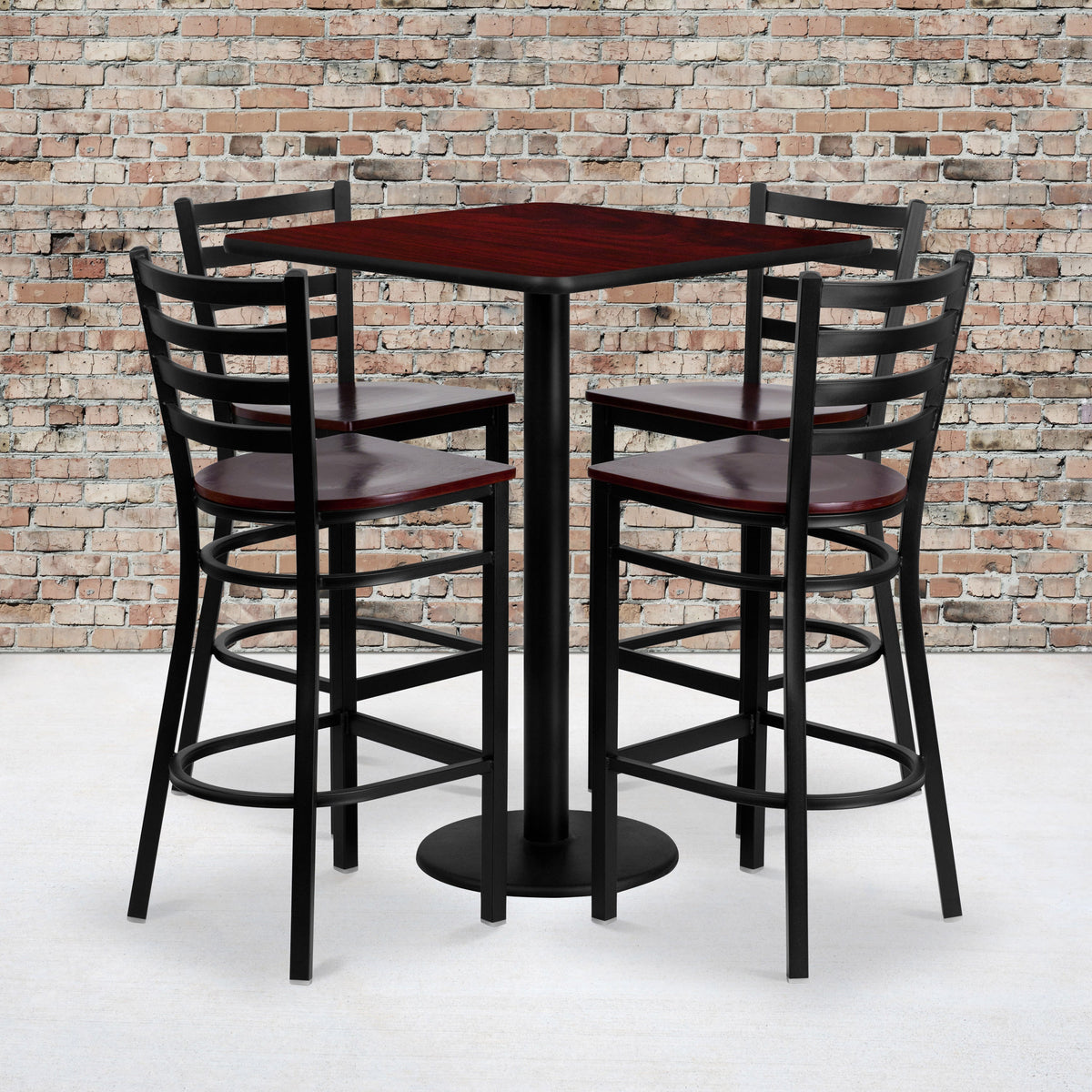 Flash Furniture MD-0014-GG 30" Square Mahogany Laminate Table Set w/4 Metal Barstools - Mahogany Wood Seat (Mahogany Top/Mahogany Wood Seat) - View 2