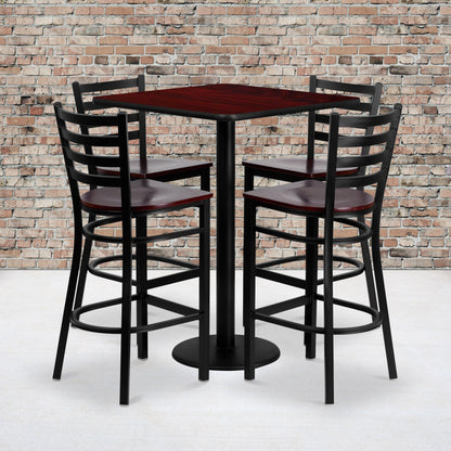 Flash Furniture MD-0014-GG 30" Square Mahogany Laminate Table Set w/4 Metal Barstools - Mahogany Wood Seat (Mahogany Top/Mahogany Wood Seat) - View 2