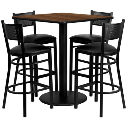 Flash Furniture MD-0015-GG 36" Square Walnut Laminate Table Set with 4 Metal Barstools - Black Vinyl Seat - Main view
