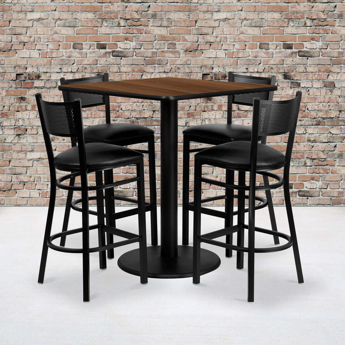 Flash Furniture MD-0015-GG 36" Square Walnut Laminate Table Set with 4 Metal Barstools - Black Vinyl Seat - View 2
