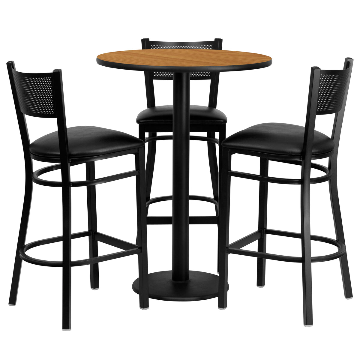 Flash Furniture MD-0016-GG 30" Round Natural Laminate Table Set with 3 Metal Barstools - Black Vinyl Seat (Natural Top/Black Vinyl Seat) - Main view