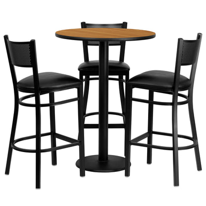 Flash Furniture MD-0016-GG 30" Round Natural Laminate Table Set with 3 Metal Barstools - Black Vinyl Seat (Natural Top/Black Vinyl Seat) - Main view