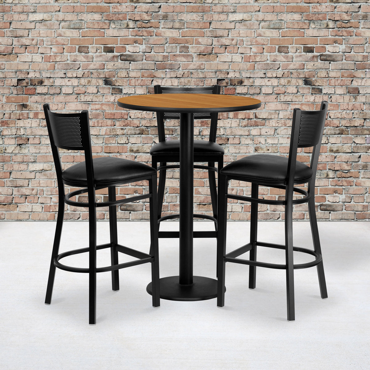 Flash Furniture MD-0016-GG 30" Round Natural Laminate Table Set with 3 Metal Barstools - Black Vinyl Seat (Natural Top/Black Vinyl Seat) - View 2