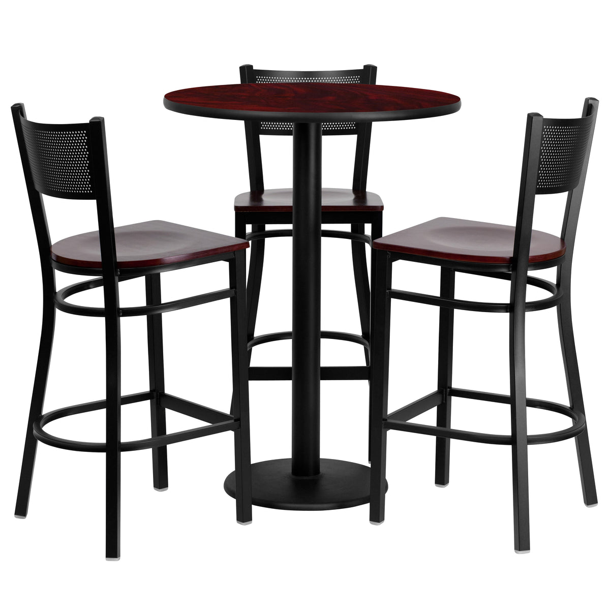 Flash Furniture MD-0017-GG 30" Round Mahogany Laminate Table Set w/3 Metal Barstools - Mahogany Wood Seat (Mahogany Top/Mahogany Wood Seat) - Main view