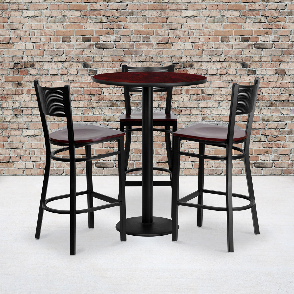 Flash Furniture MD-0017-GG 30" Round Mahogany Laminate Table Set w/3 Metal Barstools - Mahogany Wood Seat (Mahogany Top/Mahogany Wood Seat) - View 2