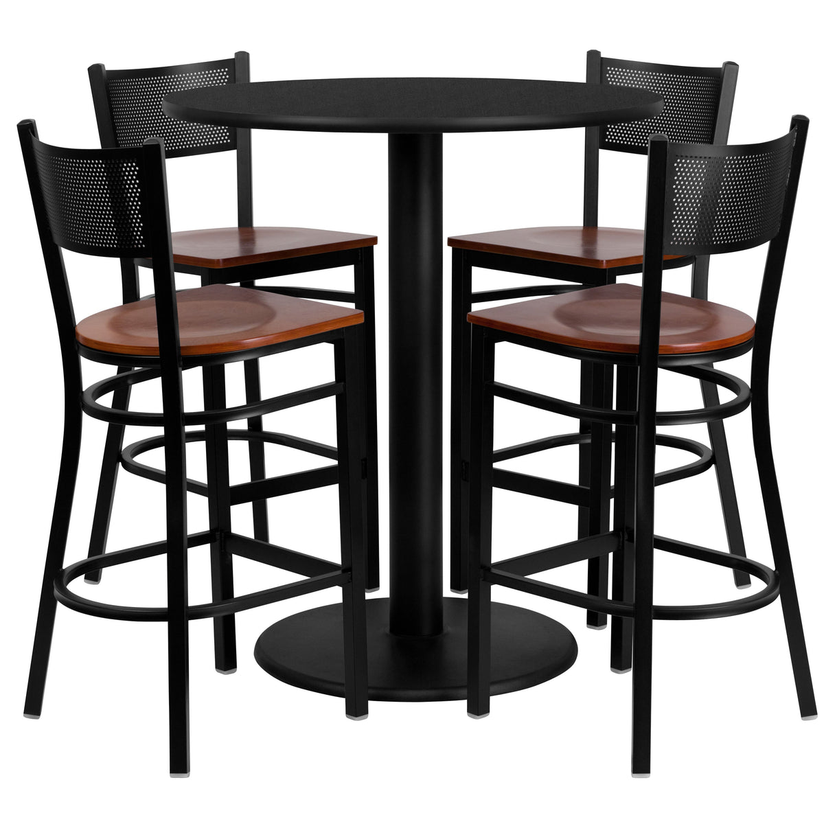 Flash Furniture MD-0018-GG 36" Round Black Laminate Table Set with 4 Metal Barstools - Cherry Wood Seat - Main view