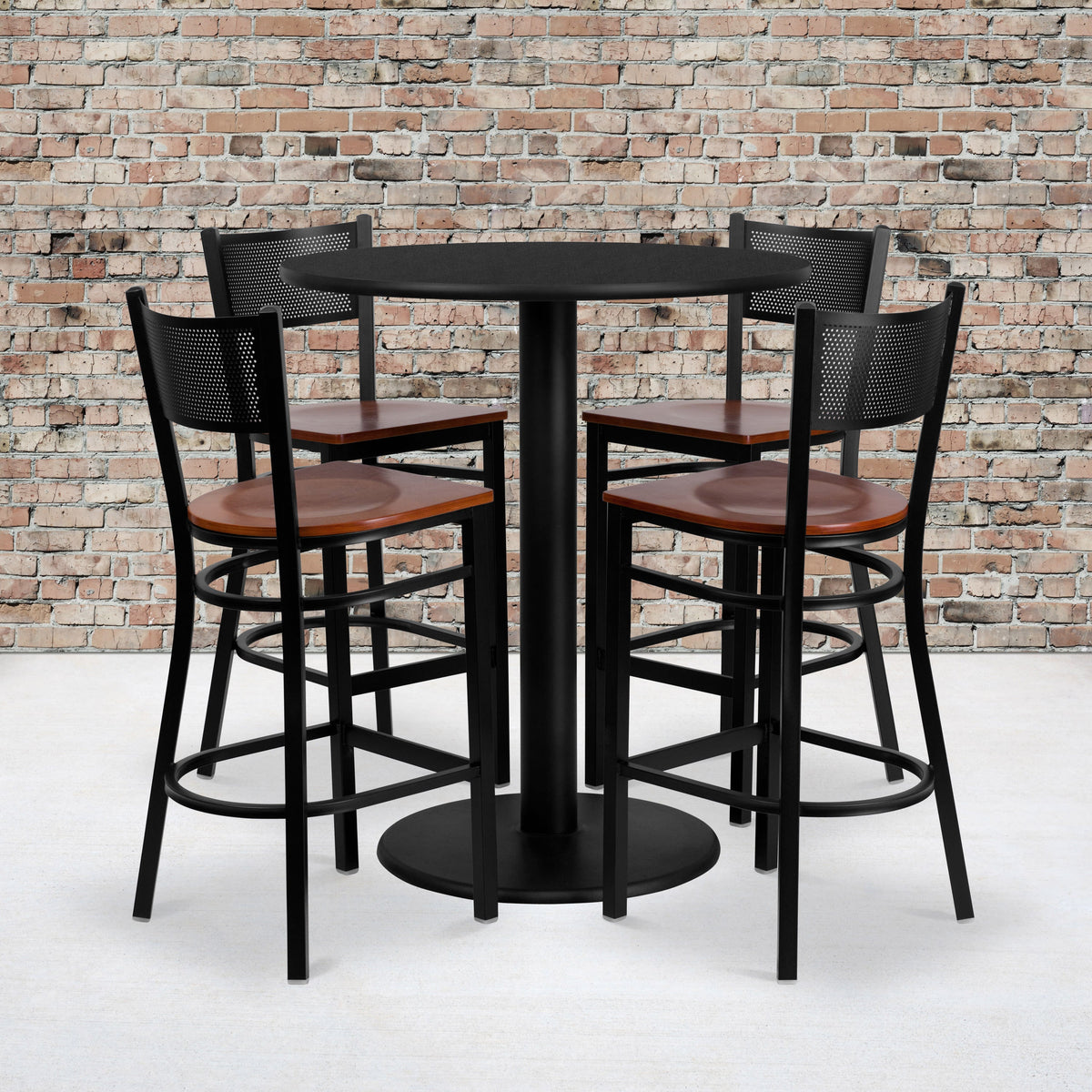 Flash Furniture MD-0018-GG 36" Round Black Laminate Table Set with 4 Metal Barstools - Cherry Wood Seat - View 2