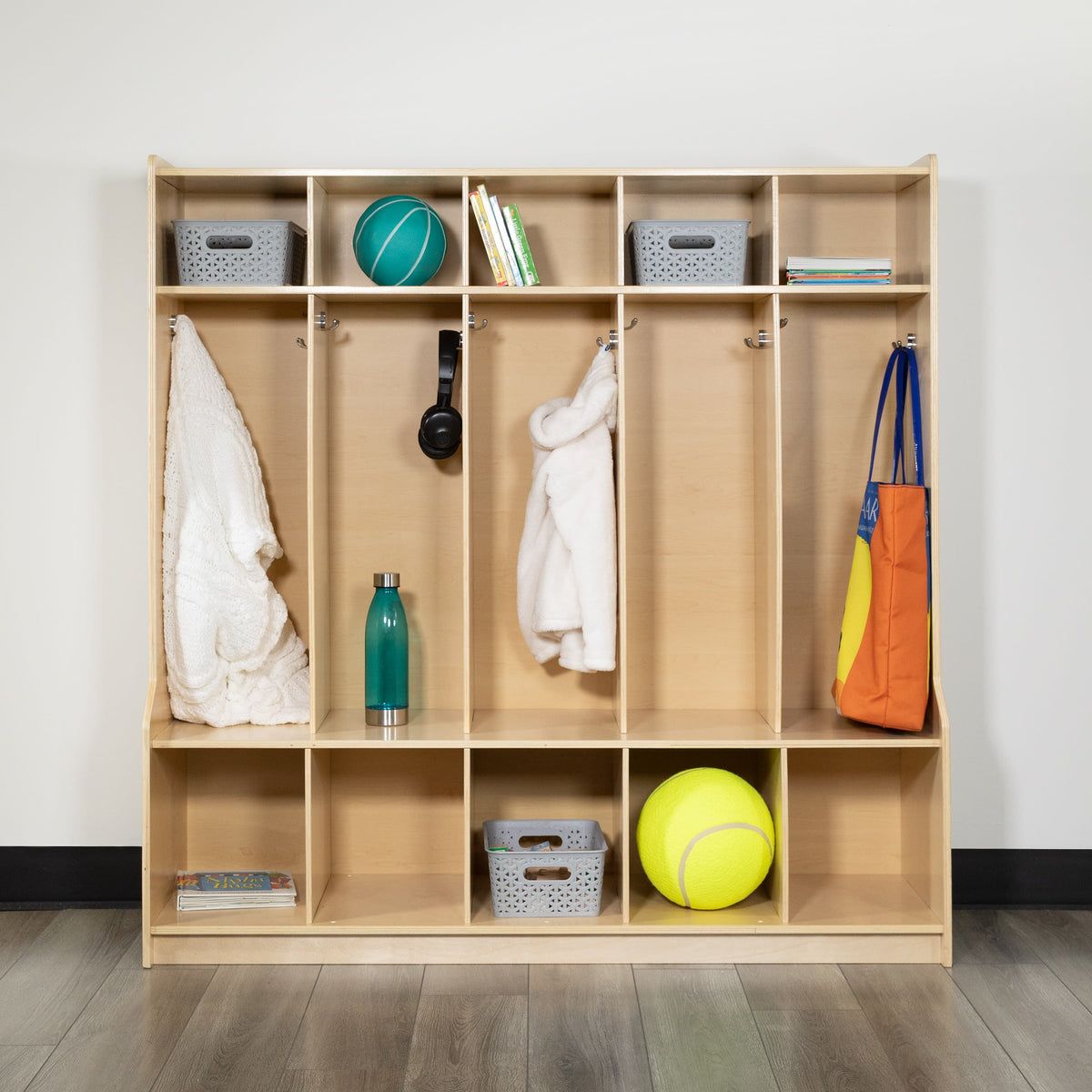 Flash Furniture MK-LCKR001-GG Wood 5 Section School Coat Locker with Bench, Cubbies and Storage Organizer Hook - View 2