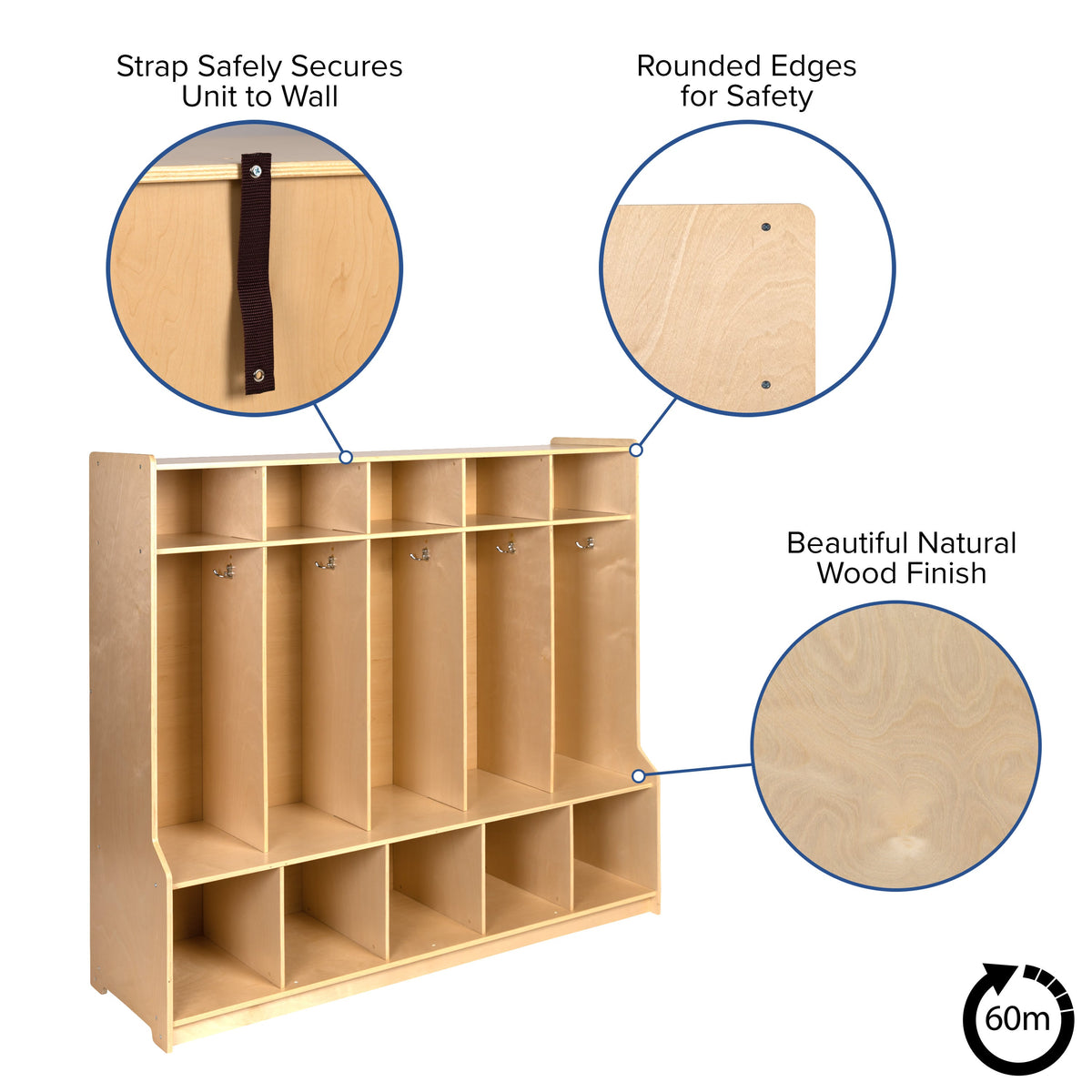 Flash Furniture MK-LCKR001-GG Wood 5 Section School Coat Locker with Bench, Cubbies and Storage Organizer Hook - View 4