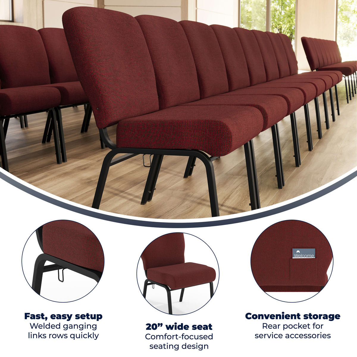 Flash Furniture PCRCB-104 Signature Elite Maroon Church Chair - 20 in. Wide (Maroon Fabric/Black Textured Frame) - View 4