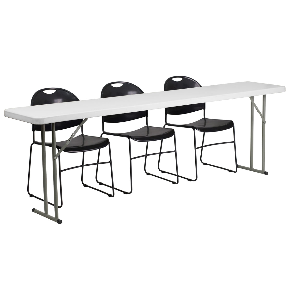 Flash Furniture RB-1896-1-GG 8-Foot Plastic Folding Training Table Set with 3 Black Plastic Stack Chairs - Main view