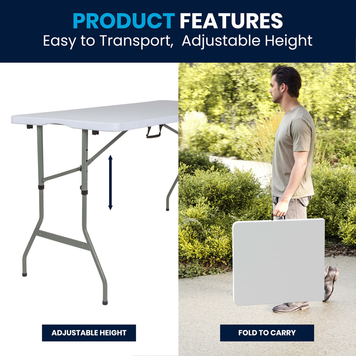 Flash Furniture RB-3050FH-ADJ-GG 5-Foot Height Adjustable Bi-Fold Granite White Plastic Folding Table with Handle - View 2