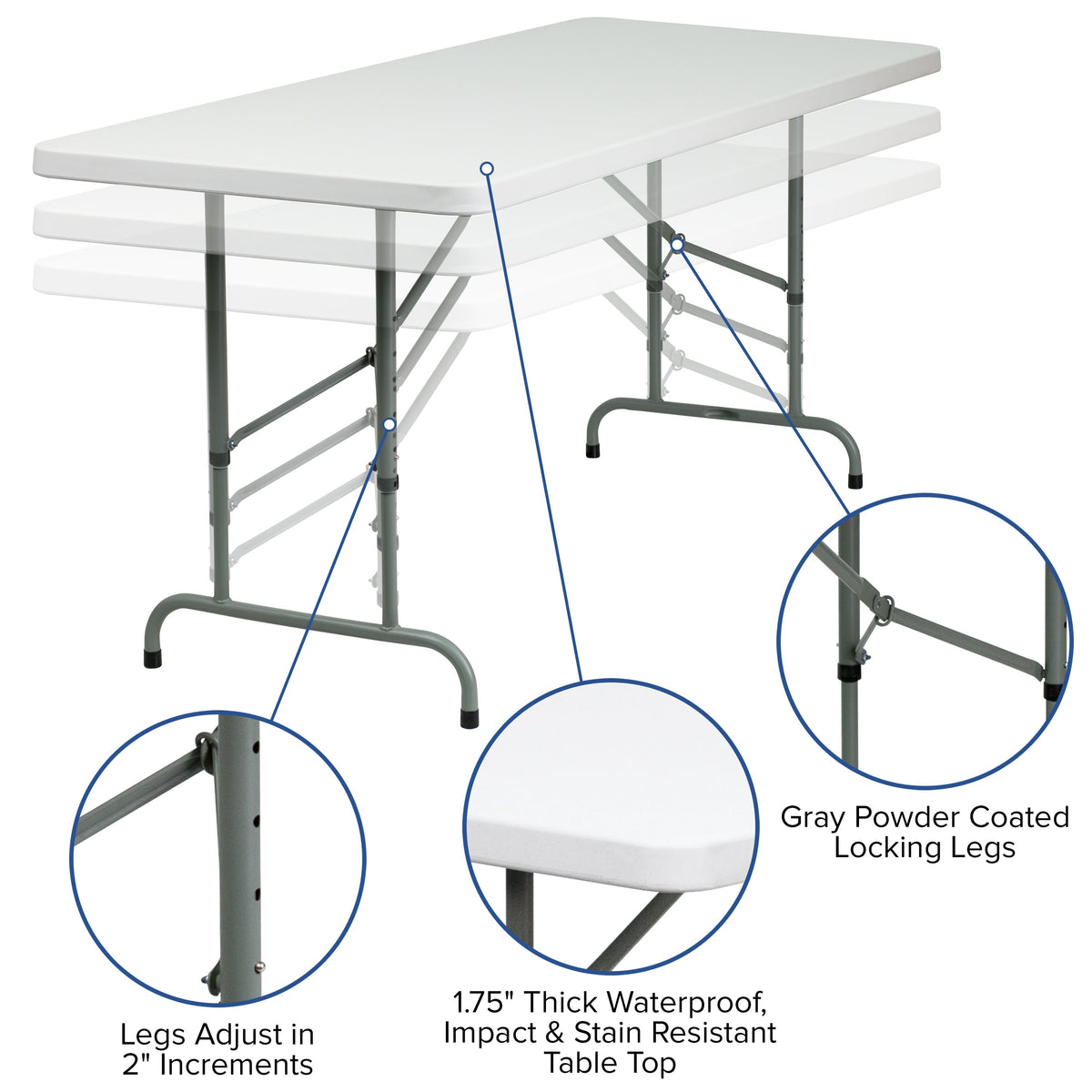 Flash Furniture RB-3072ADJ-GG 6-Foot Height Adjustable Granite White Plastic Folding Event Table - View 3