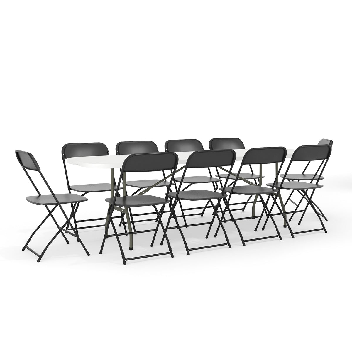 Flash Furniture RB-3096F-10-LEL3-BK-GG 8' Bi-Fold White Plastic Event/Training Folding Table Set w/ 10 Folding Chairs - Main view