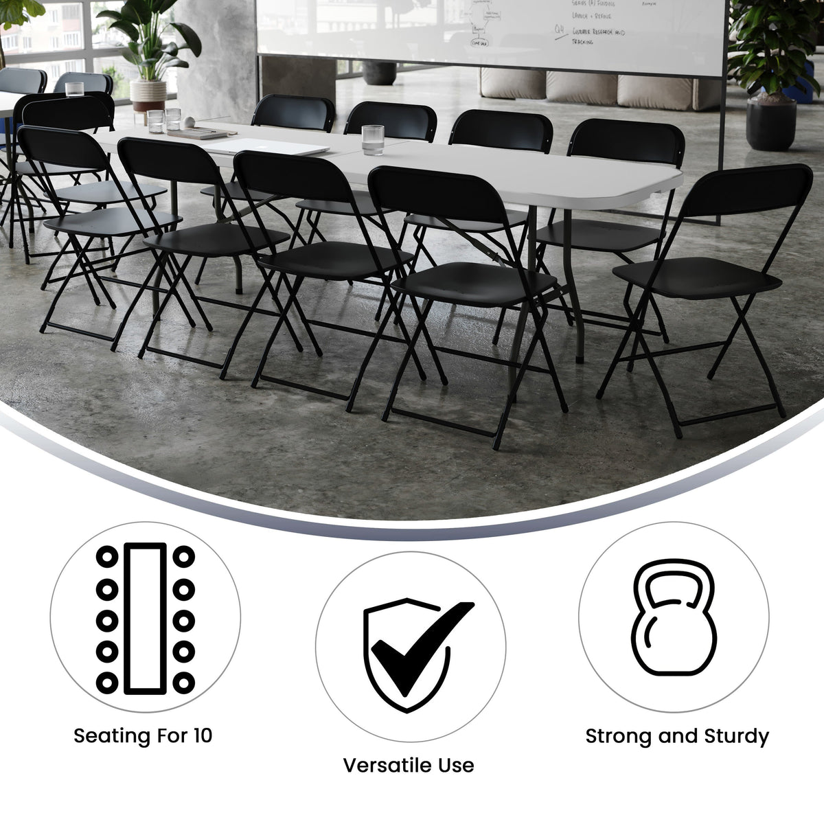 Flash Furniture RB-3096F-10-LEL3-BK-GG 8' Bi-Fold White Plastic Event/Training Folding Table Set w/ 10 Folding Chairs - View 3
