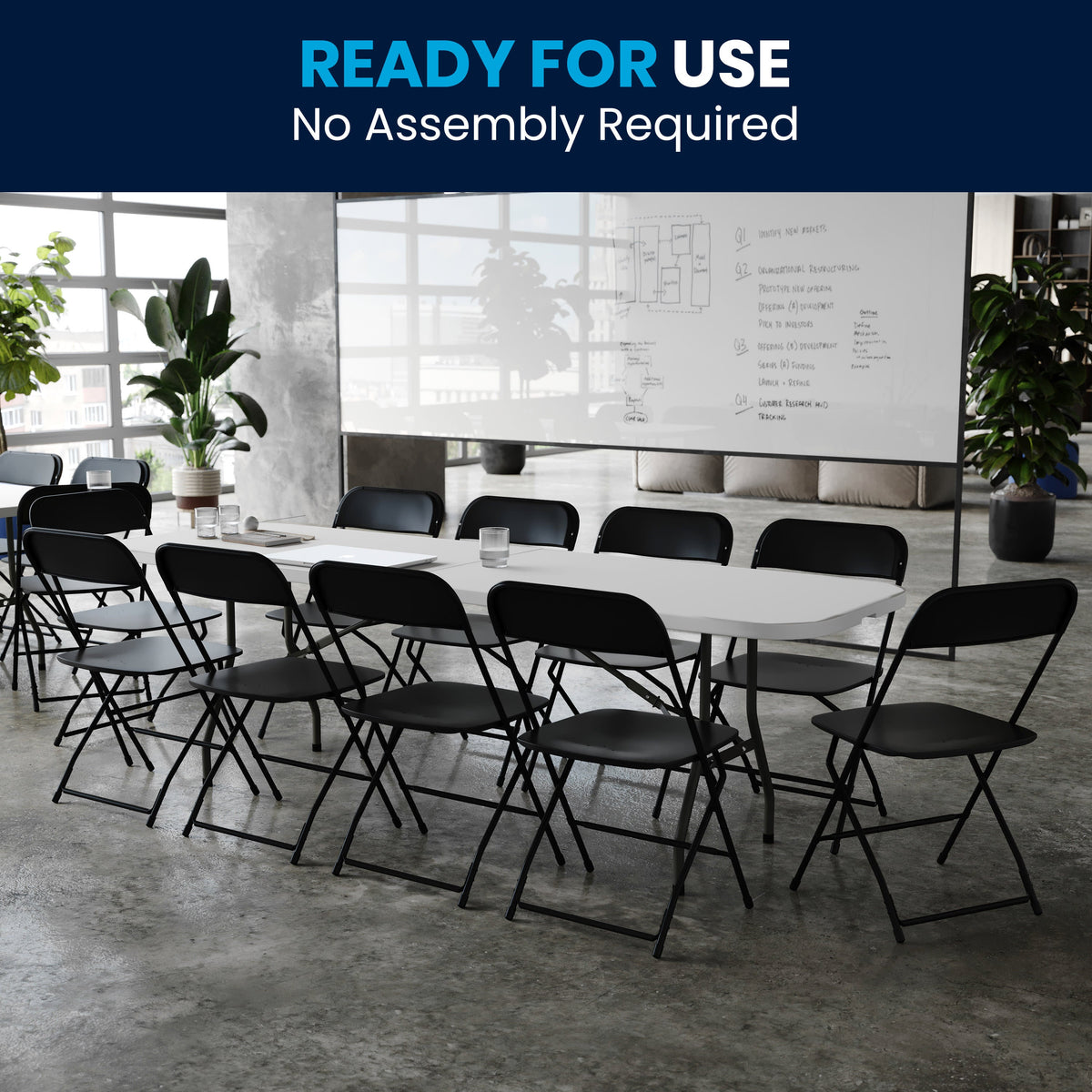 Flash Furniture RB-3096F-10-LEL3-BK-GG 8' Bi-Fold White Plastic Event/Training Folding Table Set w/ 10 Folding Chairs - View 6