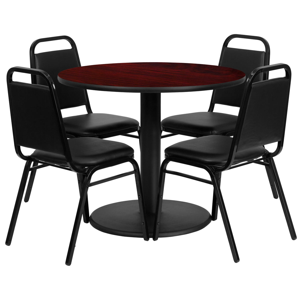 Flash Furniture RSRB1002-GG 36" Round Mahogany Laminate Table with Round Base and 4 Black Banquet Chairs (Mahogany Top/Black Vinyl Seat) - Main view