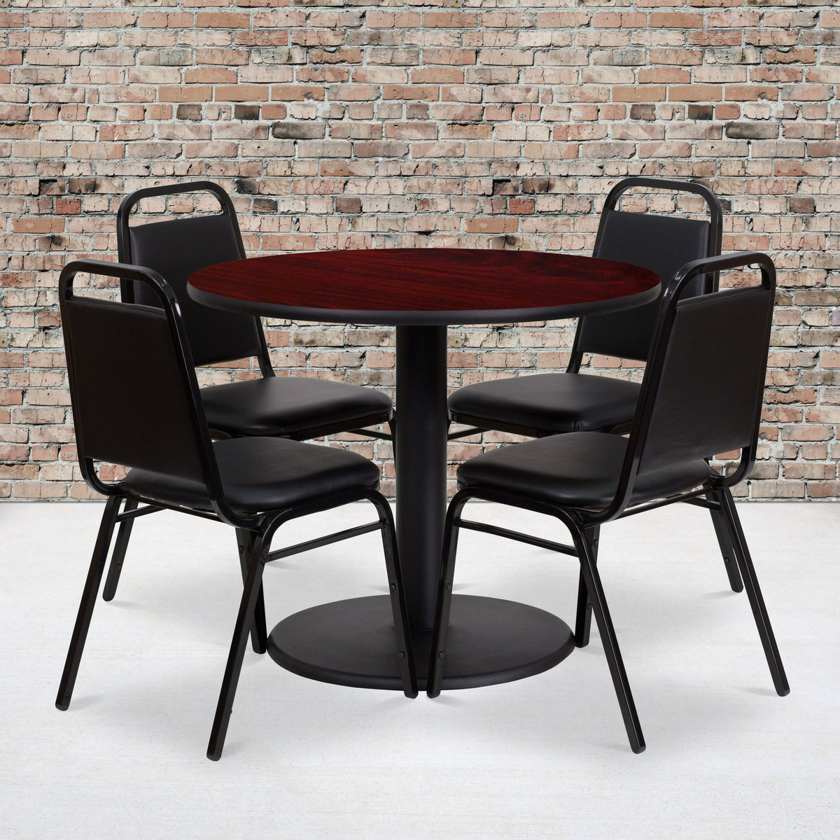 Flash Furniture RSRB1002-GG 36" Round Mahogany Laminate Table with Round Base and 4 Black Banquet Chairs (Mahogany Top/Black Vinyl Seat) - View 2