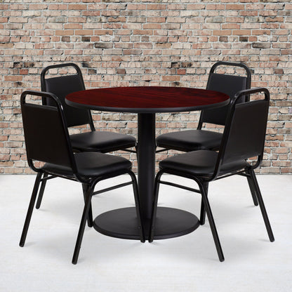 Flash Furniture RSRB1002-GG 36" Round Mahogany Laminate Table with Round Base and 4 Black Banquet Chairs (Mahogany Top/Black Vinyl Seat) - View 2
