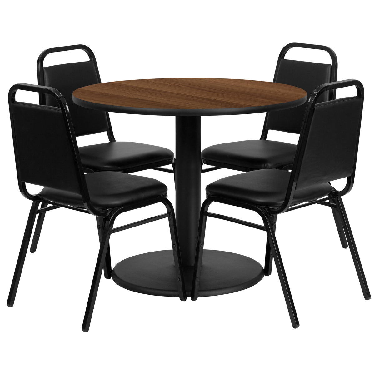 Flash Furniture RSRB1004-GG 36" Round Walnut Laminate Table with Round Base and 4 Black Banquet Chairs (Walnut Top/Black Vinyl Seat) - Main view