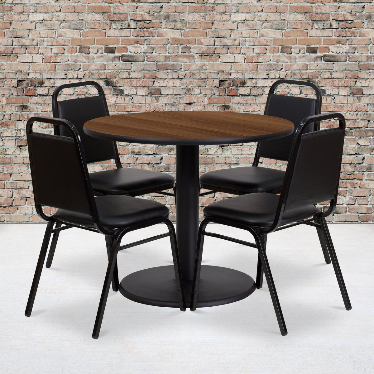 Flash Furniture RSRB1004-GG 36" Round Walnut Laminate Table with Round Base and 4 Black Banquet Chairs (Walnut Top/Black Vinyl Seat) - View 2
