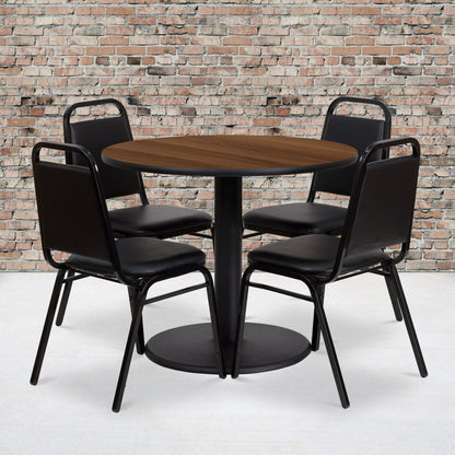 Flash Furniture RSRB1004-GG 36" Round Walnut Laminate Table with Round Base and 4 Black Banquet Chairs (Walnut Top/Black Vinyl Seat) - View 2