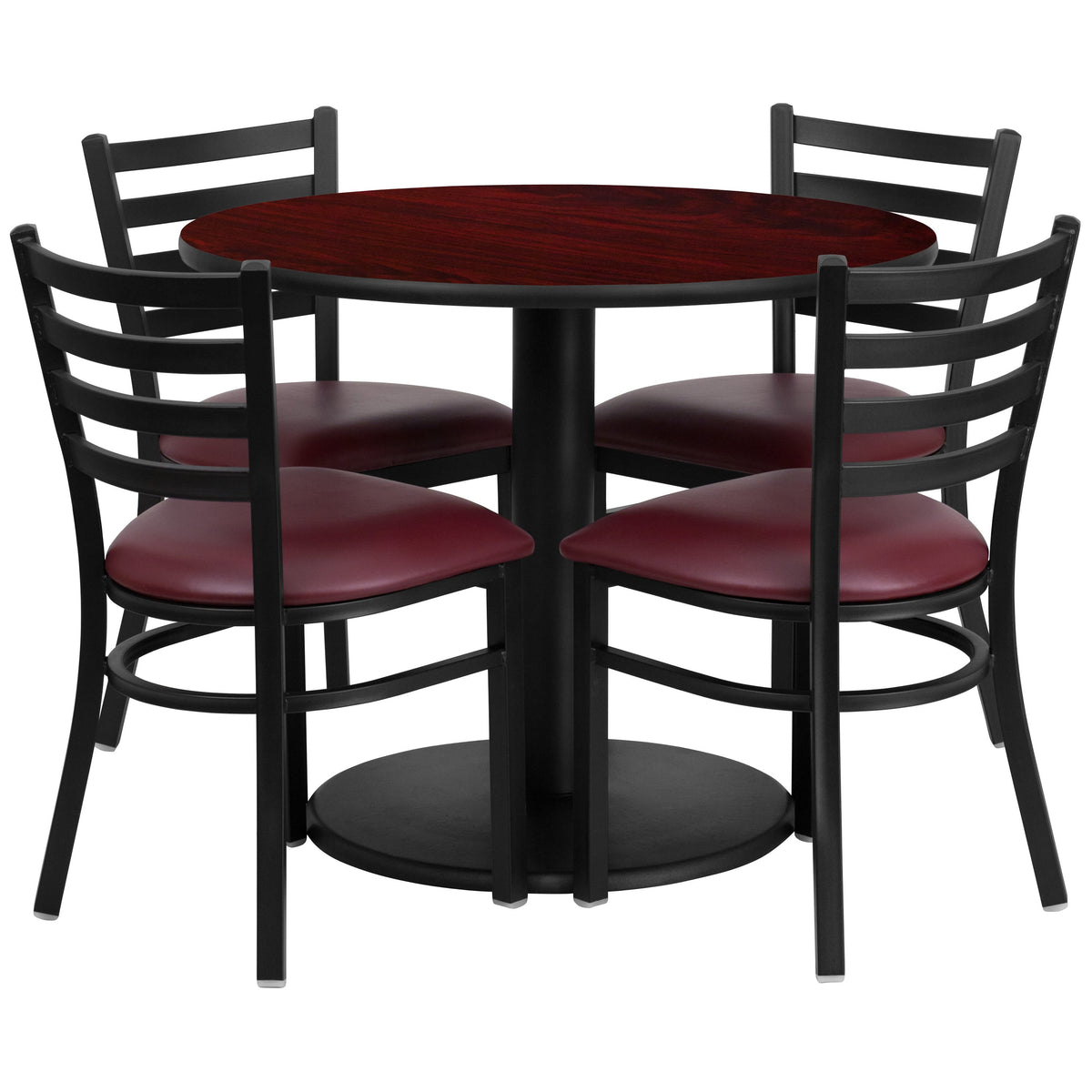 Flash Furniture RSRB1006-GG 36" RD Mahogany Laminate Table with Round Base & 4 Metal Chairs-Burg Vinyl Seat (Mahogany Top/Burgundy Vinyl Seat) - Main view