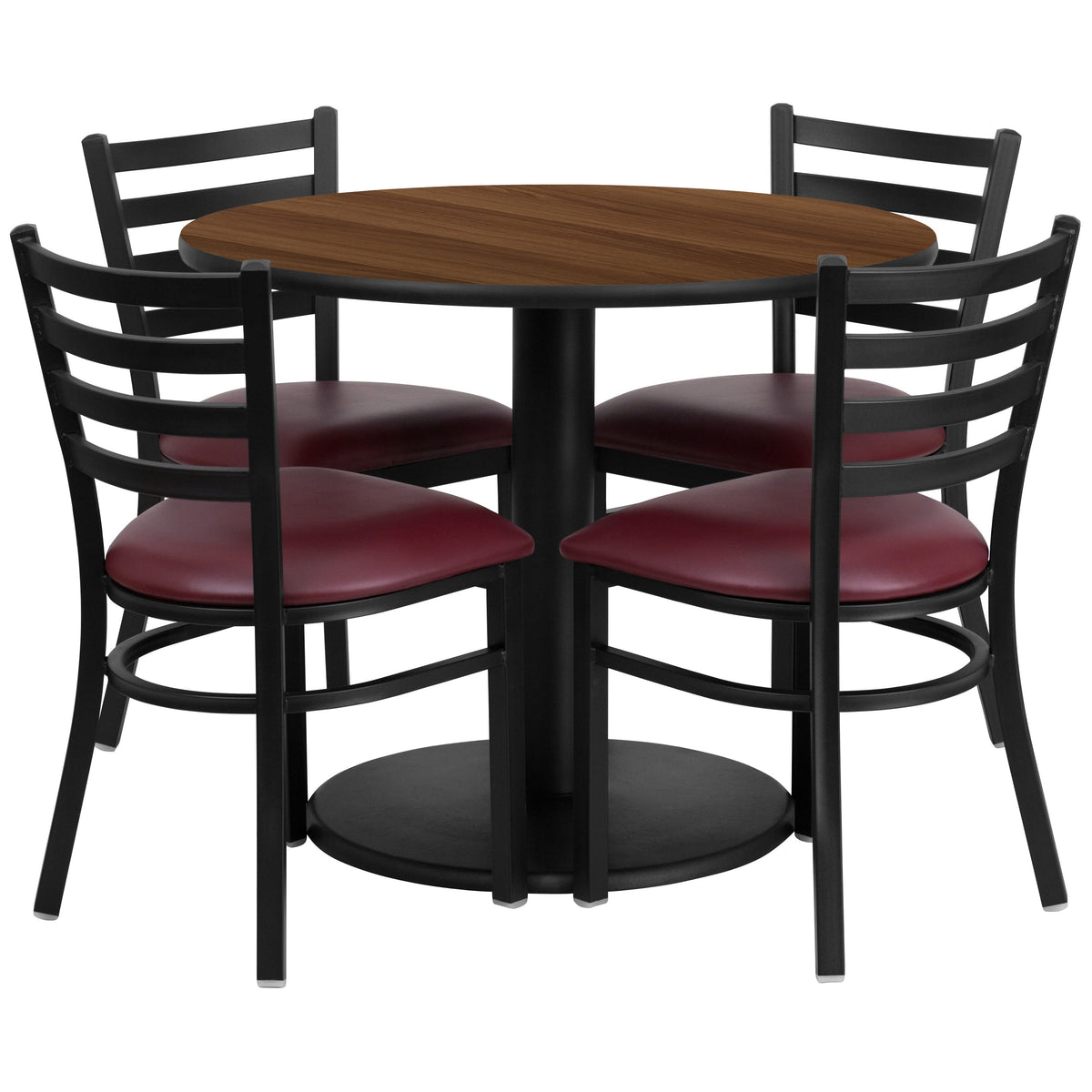 Flash Furniture RSRB1008-GG 36" RD Walnut Laminate Table with Round Base & 4 Metal Chairs - Burg Vinyl Seat (Walnut Top/Burgundy Vinyl Seat) - Main view