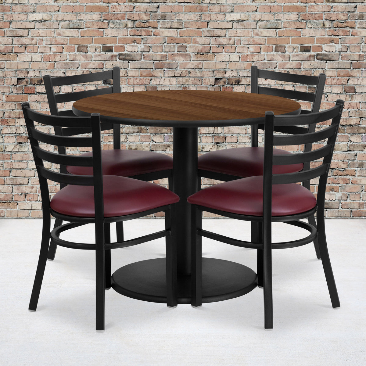 Flash Furniture RSRB1008-GG 36" RD Walnut Laminate Table with Round Base & 4 Metal Chairs - Burg Vinyl Seat (Walnut Top/Burgundy Vinyl Seat) - View 2
