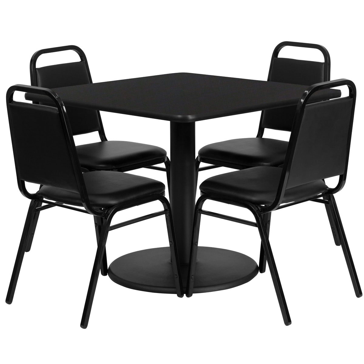 Flash Furniture RSRB1009-GG 36" Square Black Laminate Table with Round Base and 4 Black Banquet Chairs (Black Top/Black Vinyl Seat) - Main view