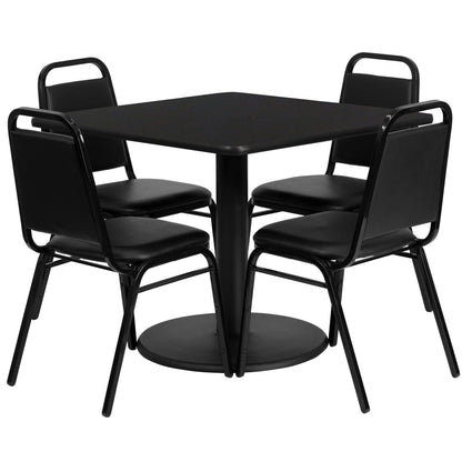 Flash Furniture RSRB1009-GG 36" Square Black Laminate Table with Round Base and 4 Black Banquet Chairs (Black Top/Black Vinyl Seat) - Main view