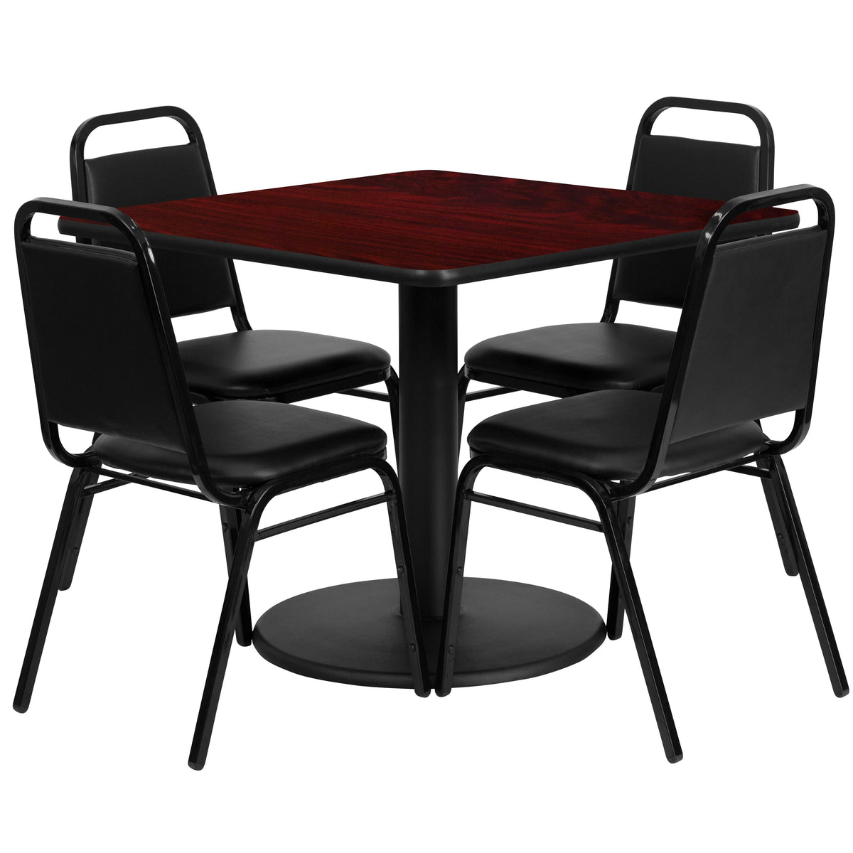 Flash Furniture RSRB1010-GG 36" Square Mahogany Laminate Table with Round Base and 4 Black Banquet Chairs (Mahogany Top/Black Vinyl Seat) - Main view