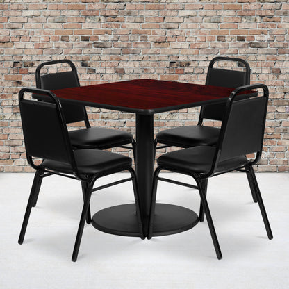 Flash Furniture RSRB1010-GG 36" Square Mahogany Laminate Table with Round Base and 4 Black Banquet Chairs (Mahogany Top/Black Vinyl Seat) - View 2