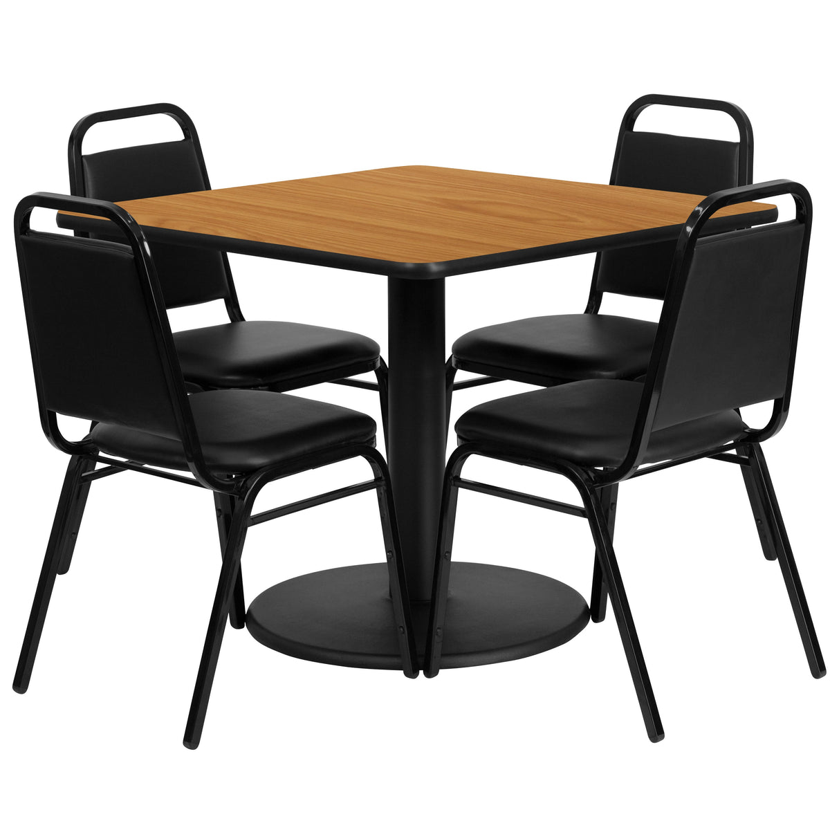 Flash Furniture RSRB1011-GG 36" Square Natural Laminate Table with Round Base and 4 Black Banquet Chairs (Natural Top/Black Vinyl Seat) - Main view