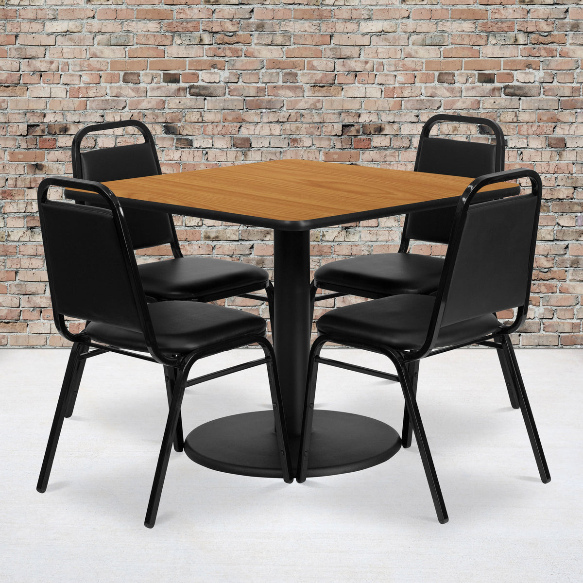 Flash Furniture RSRB1011-GG 36" Square Natural Laminate Table with Round Base and 4 Black Banquet Chairs (Natural Top/Black Vinyl Seat) - View 2