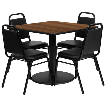 Flash Furniture RSRB1012-GG 36" Square Walnut Laminate Table with Round Base and 4 Black Banquet Chairs (Walnut Top/Black Vinyl Seat) - Main view