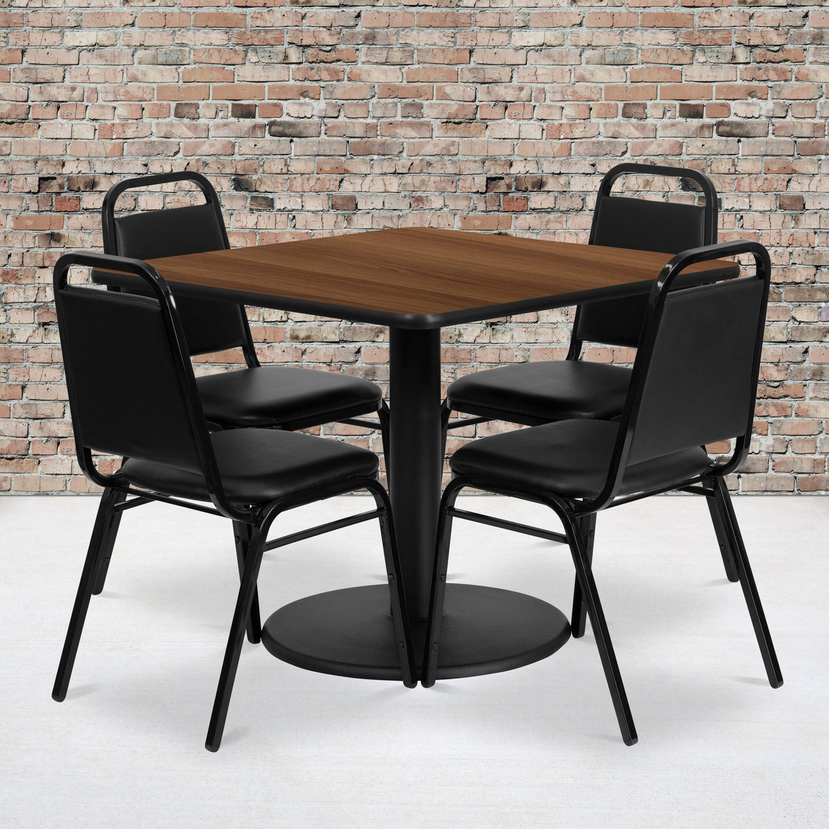 Flash Furniture RSRB1012-GG 36" Square Walnut Laminate Table with Round Base and 4 Black Banquet Chairs (Walnut Top/Black Vinyl Seat) - View 2