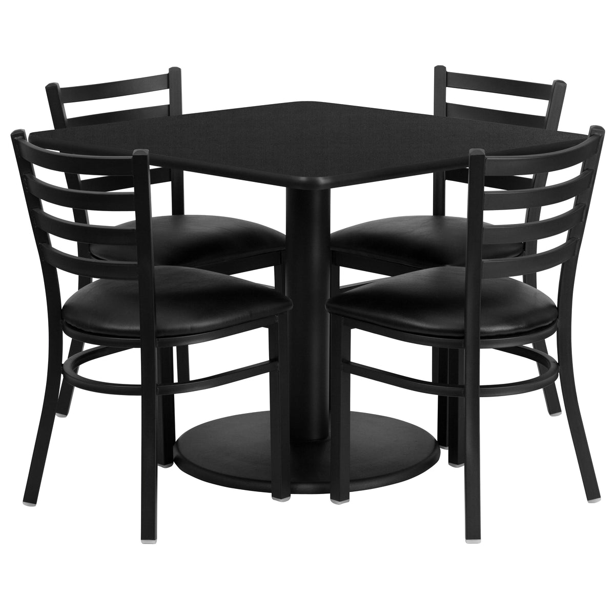 Flash Furniture RSRB1013-GG 36" SQ Black Laminate Table with Round Base & 4 Metal Chairs - Black Vinyl Seat (Black Top/Black Vinyl Seat) - Main view