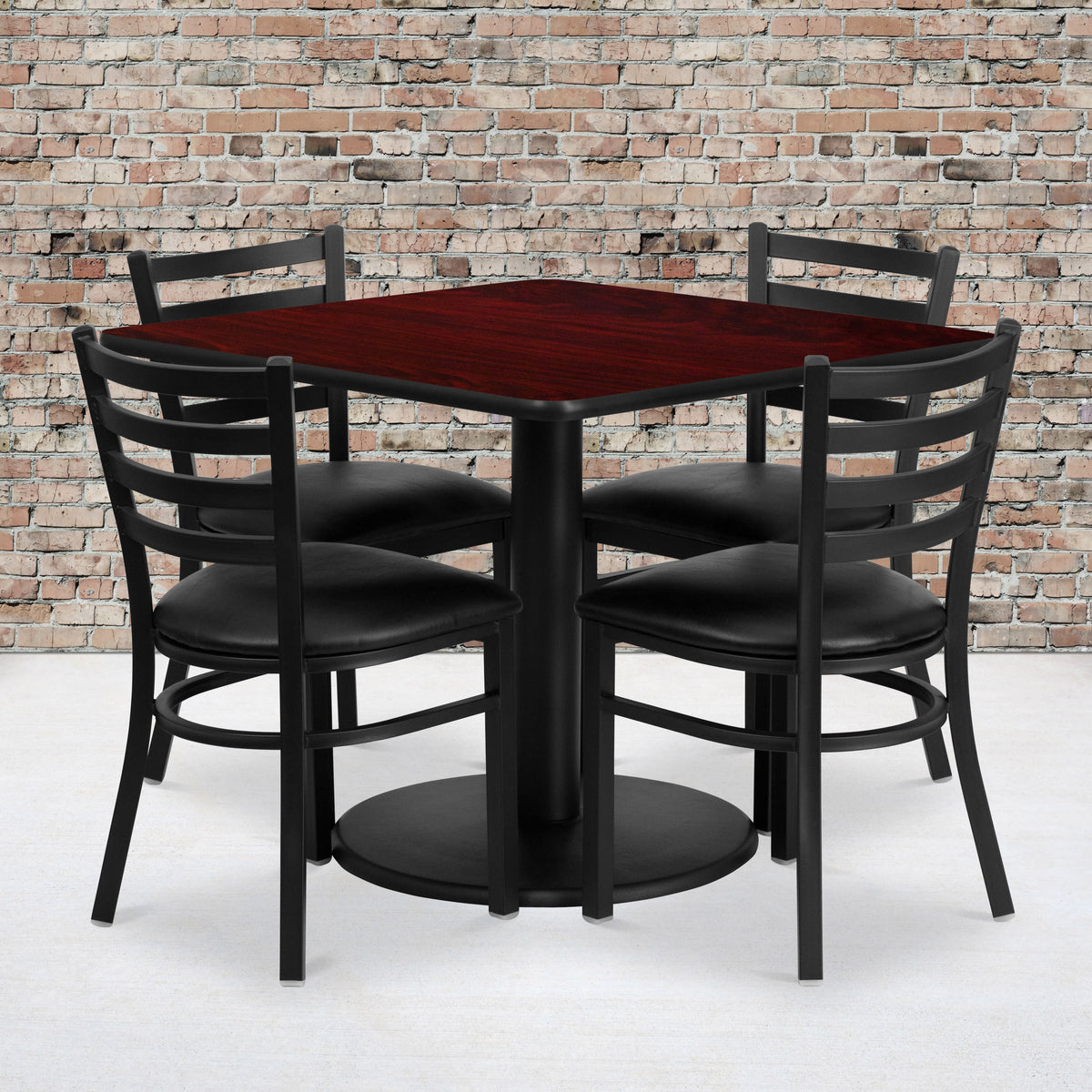 Flash Furniture RSRB1014-GG 36" SQ Mahogany Laminate Table w/ Round Base & 4 Metal Chairs-Black Vinyl Seat (Mahogany Top/Black Vinyl Seat) - View 2