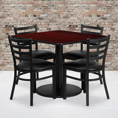 Flash Furniture RSRB1014-GG 36" SQ Mahogany Laminate Table w/ Round Base & 4 Metal Chairs-Black Vinyl Seat (Mahogany Top/Black Vinyl Seat) - View 2