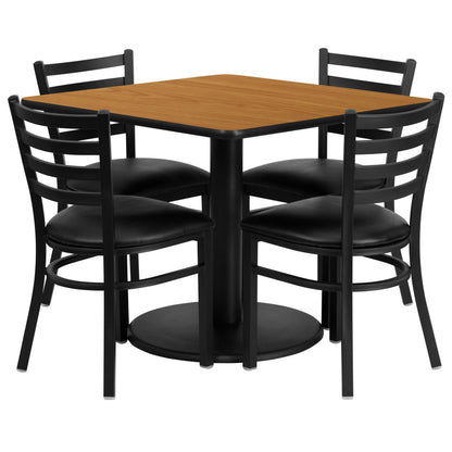 Flash Furniture RSRB1015-GG 36" SQ Natural Laminate Table w/ Round Base & 4 Metal Chairs - Black Vinyl Seat (Natural Top/Black Vinyl Seat) - Main view