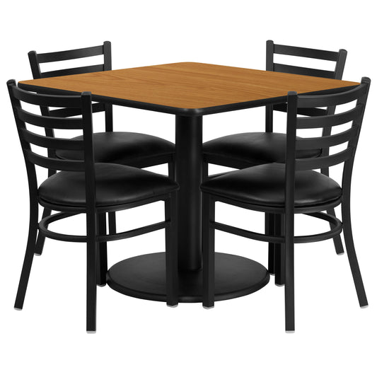 Flash Furniture RSRB1015-GG 36" SQ Natural Laminate Table w/ Round Base & 4 Metal Chairs - Black Vinyl Seat (Natural Top/Black Vinyl Seat) - Main view