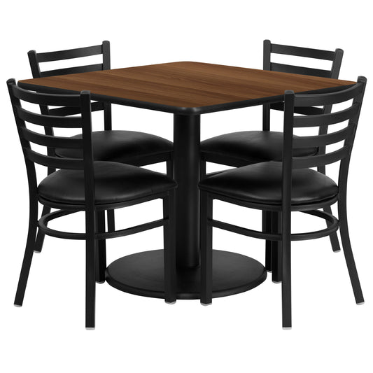 Flash Furniture RSRB1016-GG 36" SQ Walnut Laminate Table w/ Round Base & 4 Metal Chairs - Black Vinyl Seat (Walnut Top/Black Vinyl Seat) - Main view