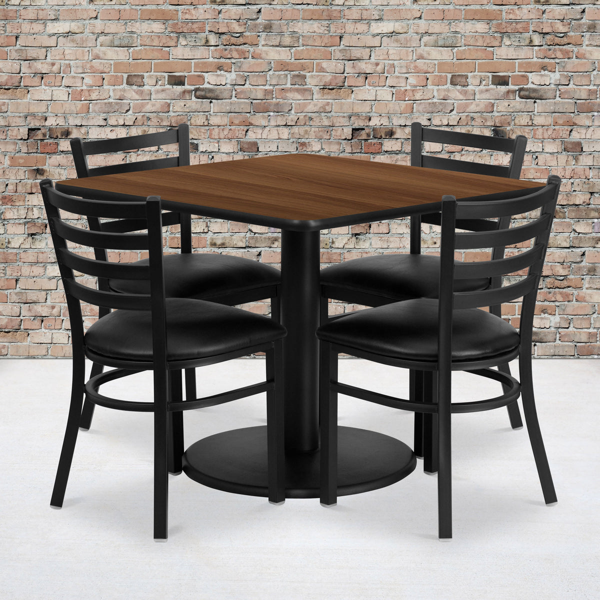 Flash Furniture RSRB1016-GG 36" SQ Walnut Laminate Table w/ Round Base & 4 Metal Chairs - Black Vinyl Seat (Walnut Top/Black Vinyl Seat) - View 2
