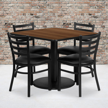 Flash Furniture RSRB1016-GG 36" SQ Walnut Laminate Table w/ Round Base & 4 Metal Chairs - Black Vinyl Seat (Walnut Top/Black Vinyl Seat) - View 2