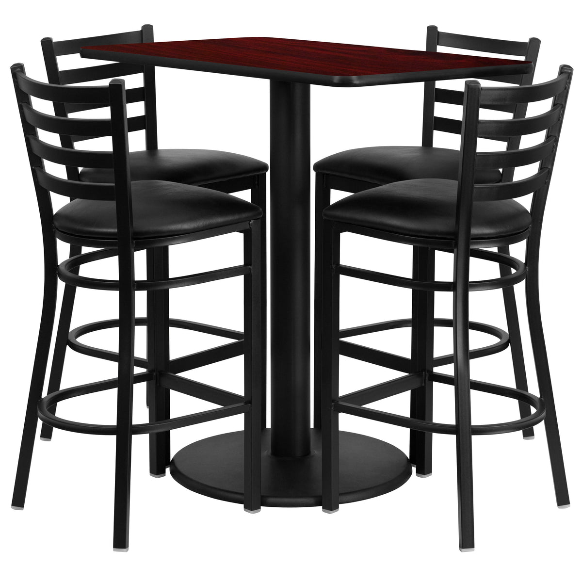 Flash Furniture RSRB1018-GG 24" x 42" Rectangular Mahogany Laminate Table w/ 4 Ladder Back Metal Barstools (Mahogany Top/Black Vinyl Seat) - Main view