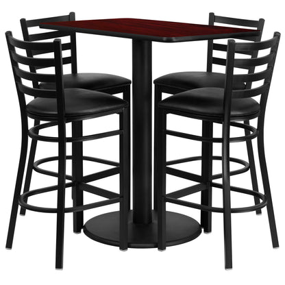 Flash Furniture RSRB1018-GG 24" x 42" Rectangular Mahogany Laminate Table w/ 4 Ladder Back Metal Barstools (Mahogany Top/Black Vinyl Seat) - Main view