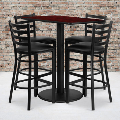 Flash Furniture RSRB1018-GG 24" x 42" Rectangular Mahogany Laminate Table w/ 4 Ladder Back Metal Barstools (Mahogany Top/Black Vinyl Seat) - View 2