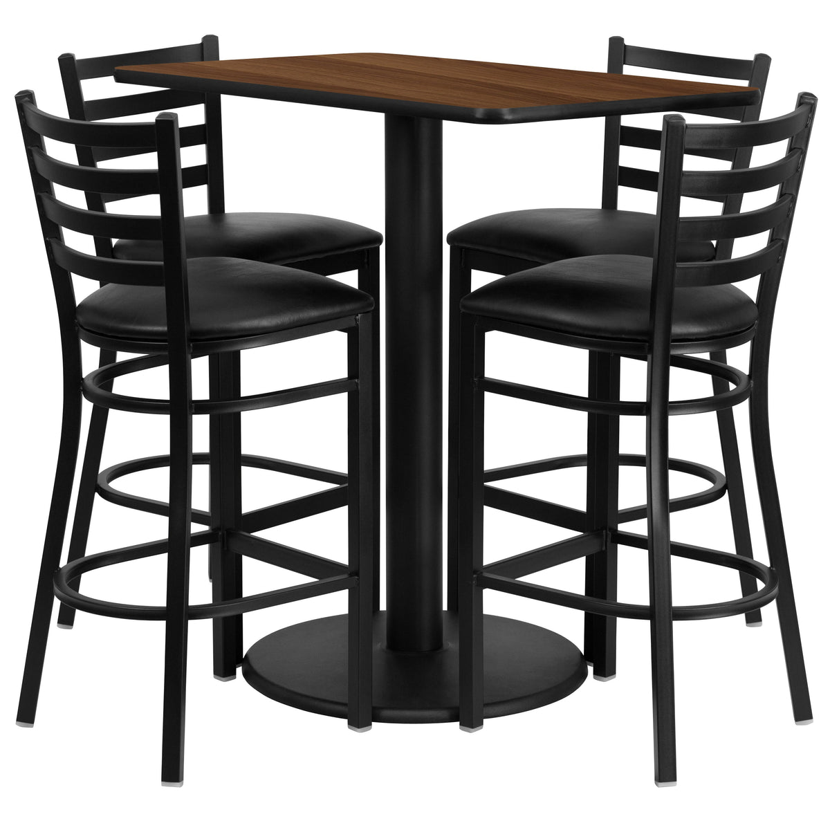 Flash Furniture RSRB1020-GG 24" x 42" Rectangular Walnut Laminate Table with 4 Ladder Back Metal Barstools (Walnut Top/Black Vinyl Seat) - Main view