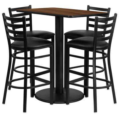 Flash Furniture RSRB1020-GG 24" x 42" Rectangular Walnut Laminate Table with 4 Ladder Back Metal Barstools (Walnut Top/Black Vinyl Seat) - Main view